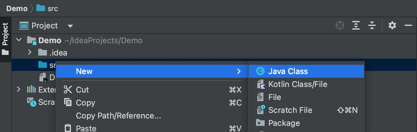 IntelliJ。选择新建，然后选择 Java 类