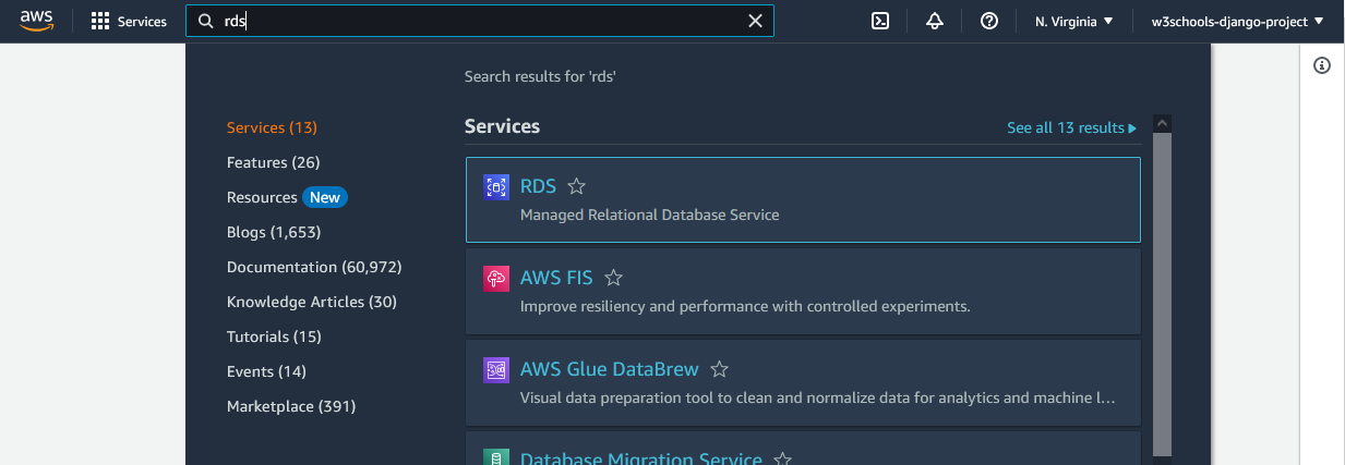 屏幕截图 AWS RDS